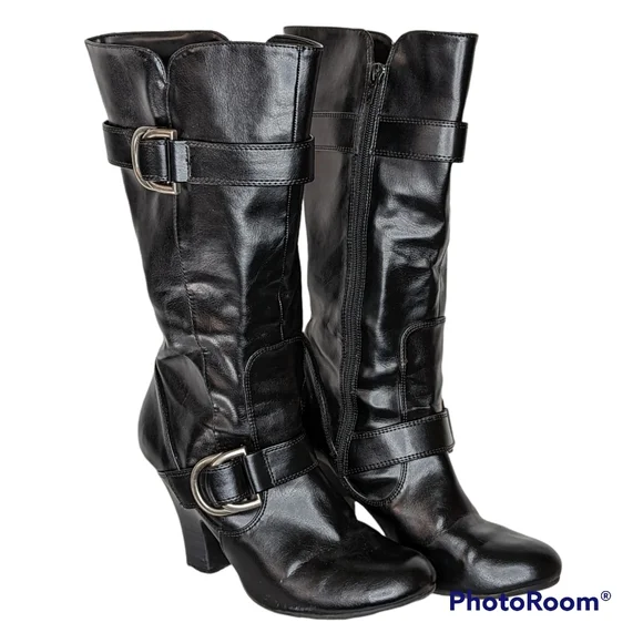 American Eagle Outfitters Boots Womens Sz 8.5 Black Faux Leather Silver Buckles - Picture 4 of 16